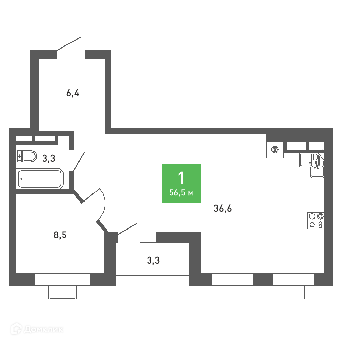 Планировка 1-комн. в ЖК «Ключи-club»