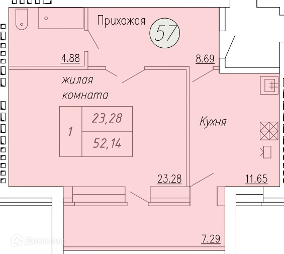 Планировка 1-комн. в ЖК «Дом по ул. Индустриальной, 35»