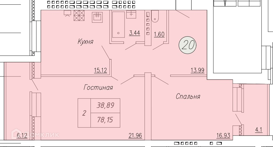 Планировка 2-комн. в ЖК «Дом по ул. Индустриальной, 35»