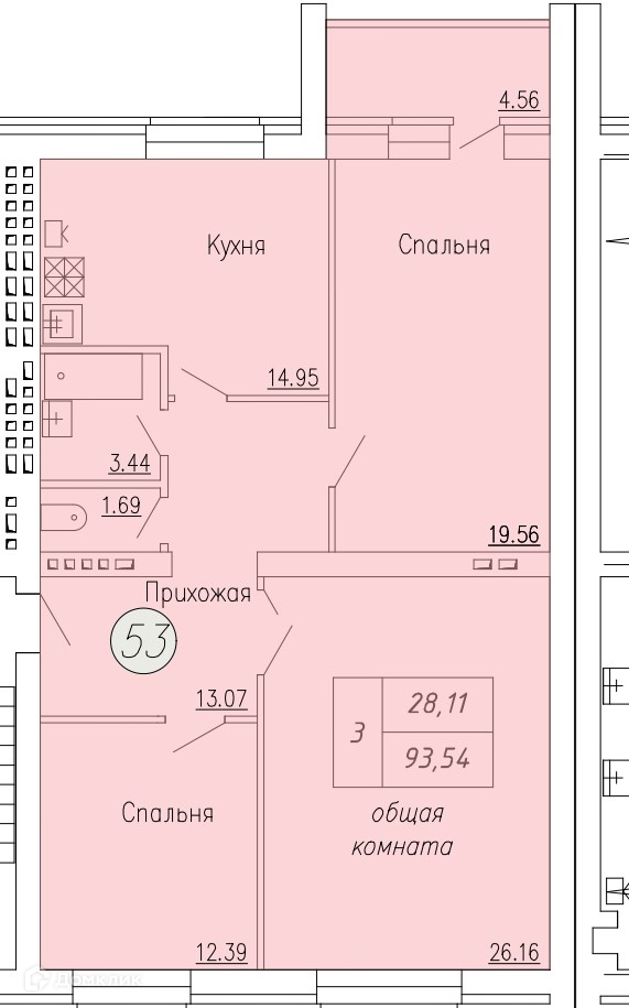 Планировка 3-комн. в ЖК «Дом по ул. Индустриальной, 35»