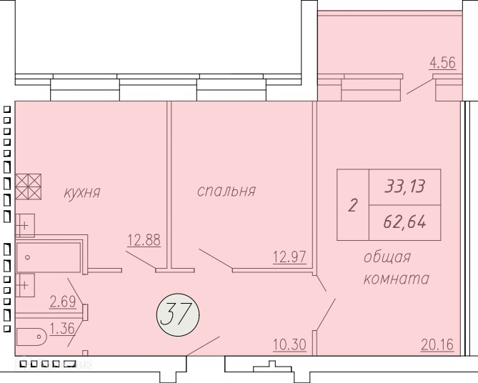 Планировка 2-комн. в ЖК «Дом по ул. Индустриальной, 35»