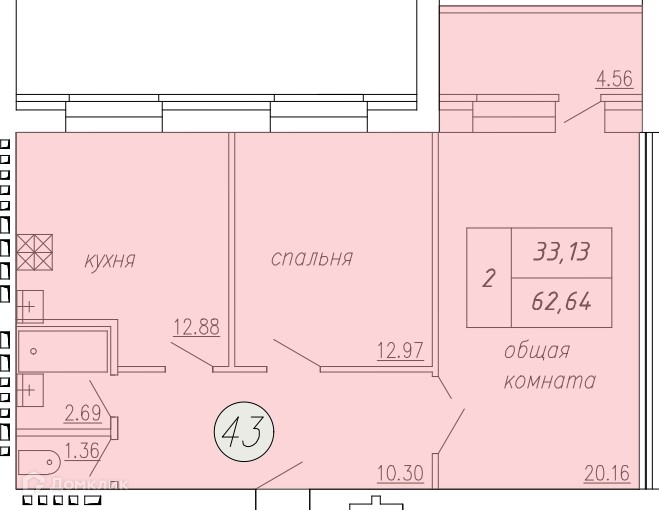 Планировка 2-комн. в ЖК «Дом по ул. Индустриальной, 35»