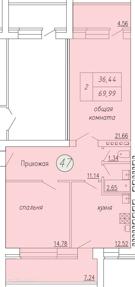 Планировка 2-комн. в ЖК «Дом по ул. Индустриальной, 35»