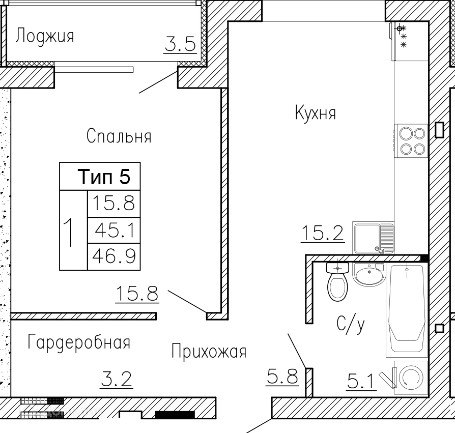 Планировка 1-комн. в ЖК «Коттеджный посёлок «Дон»»