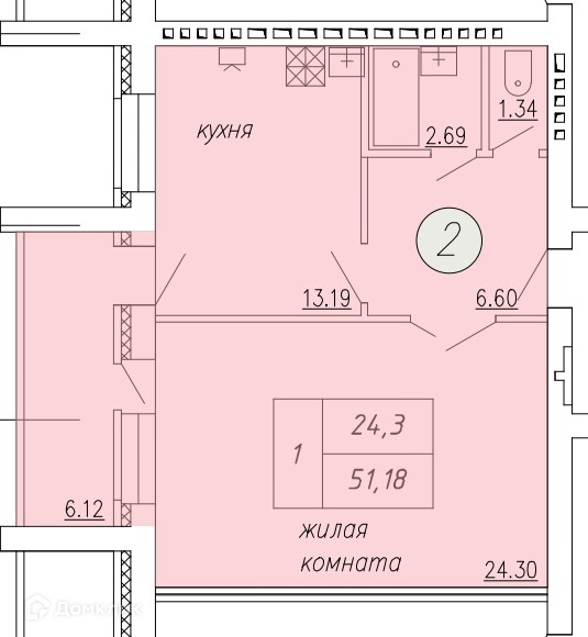 Планировка 1-комн. в ЖК «Дом по ул. Индустриальной, 35»