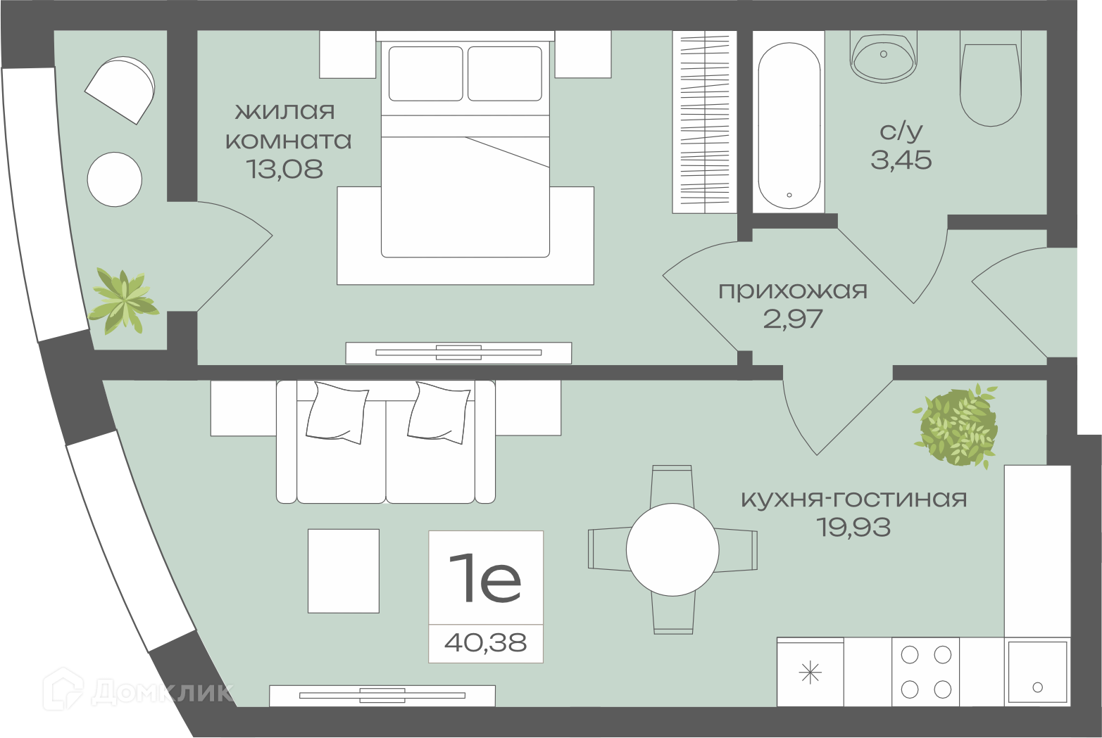 Планировка 1-комн. в ЖК «Четыре Желания»