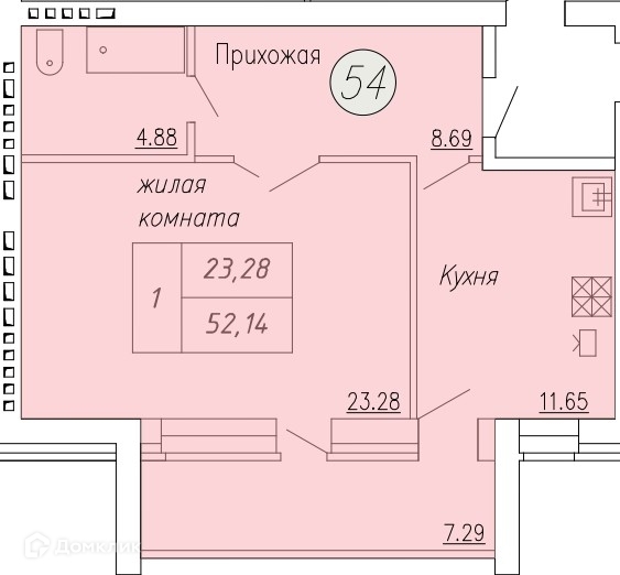 Планировка 1-комн. в ЖК «Дом по ул. Индустриальной, 35»