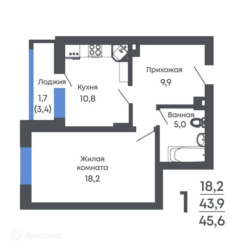 Планировка 1-комн. в ЖК «Рамонь парк»