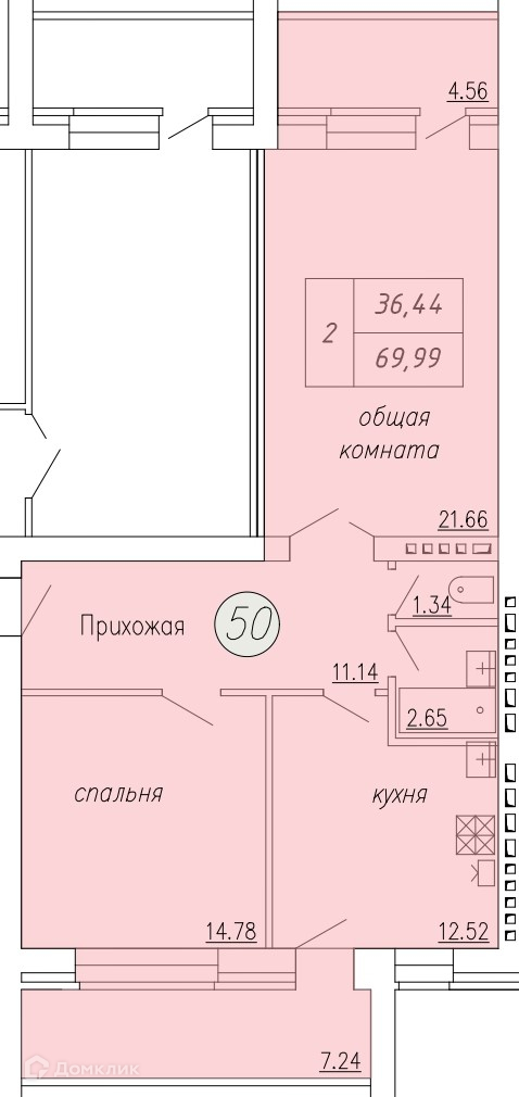Планировка 2-комн. в ЖК «Дом по ул. Индустриальной, 35»