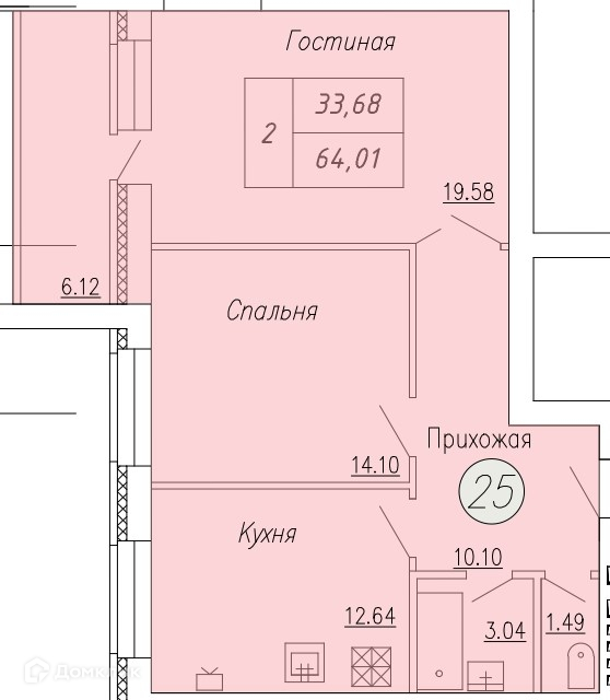 Планировка 2-комн. в ЖК «Дом по ул. Индустриальной, 35»