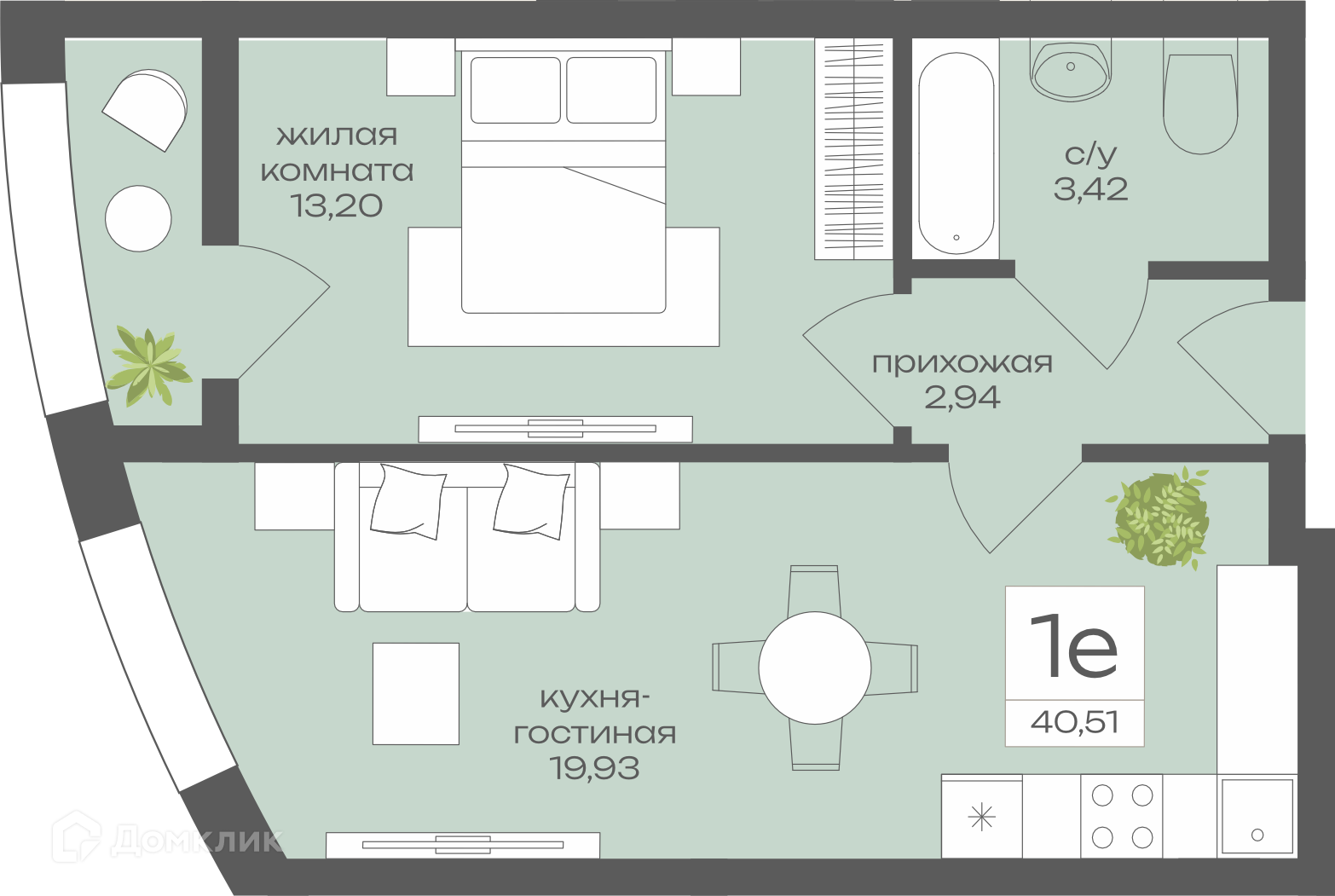 Планировка 1-комн. в ЖК «Четыре Желания»