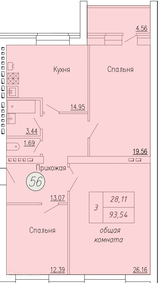 Планировка 3-комн. в ЖК «Дом по ул. Индустриальной, 35»