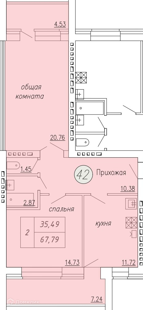 Планировка 2-комн. в ЖК «Дом по ул. Индустриальной, 35»