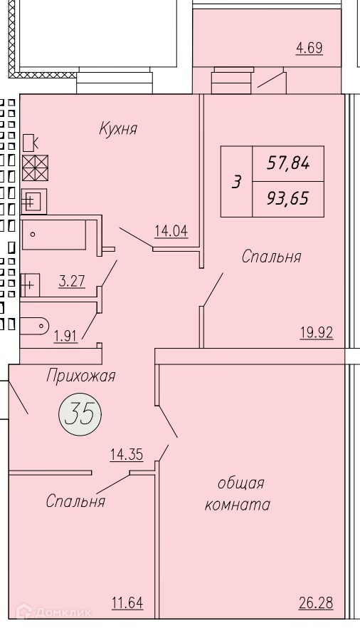 Планировка 3-комн. в ЖК «Дом по ул. Индустриальной, 35»