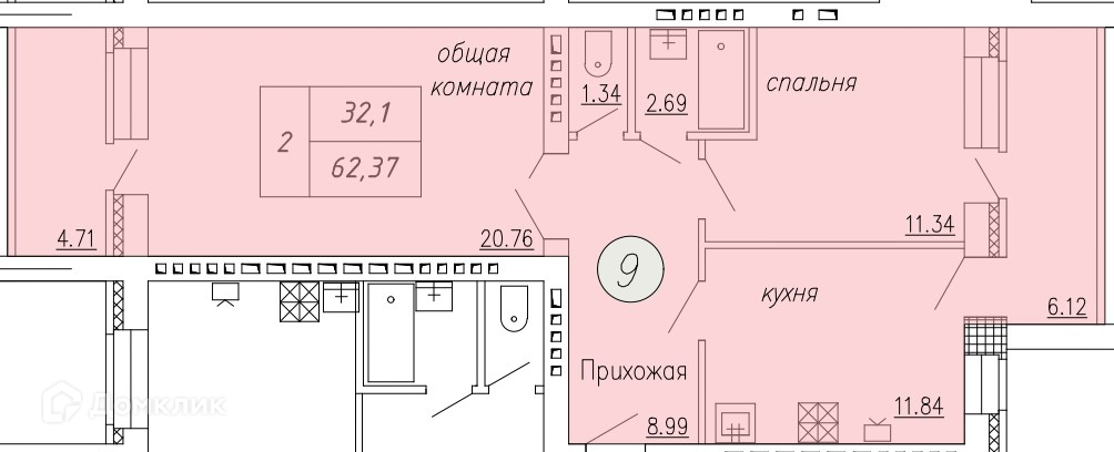 Планировка 2-комн. в ЖК «Дом по ул. Индустриальной, 35»