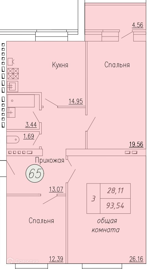 Планировка 3-комн. в ЖК «Дом по ул. Индустриальной, 35»