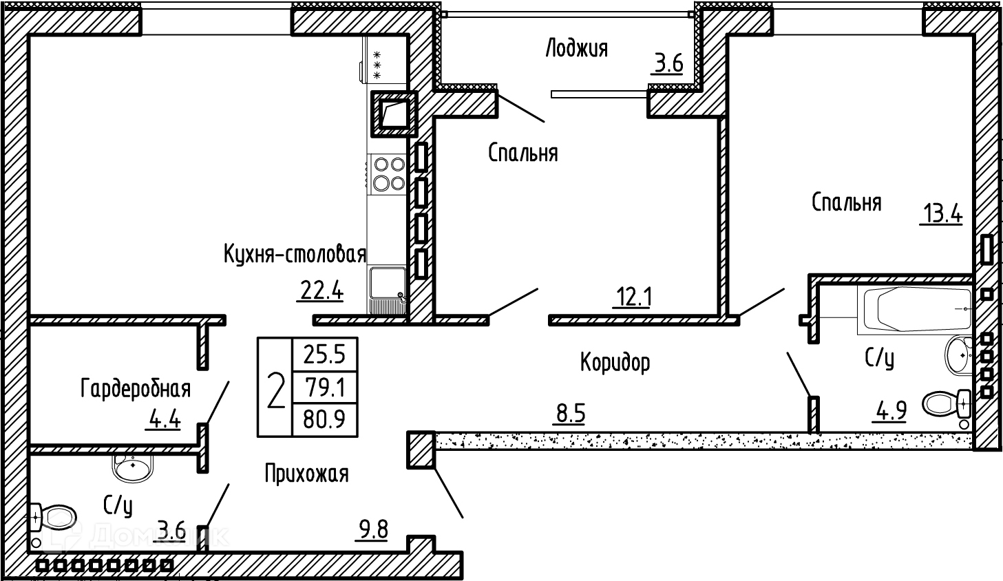 Планировка 2-комн. в ЖК «Коттеджный посёлок «Дон»»