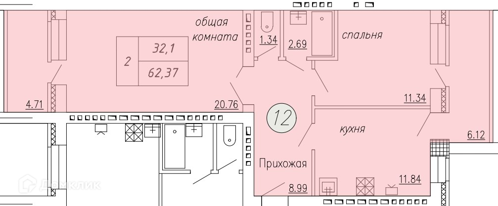 Планировка 2-комн. в ЖК «Дом по ул. Индустриальной, 35»