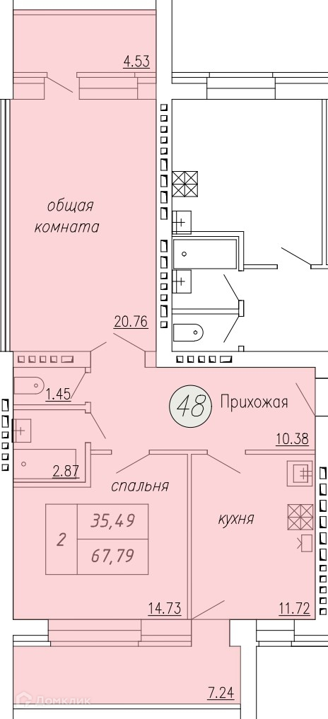 Планировка 2-комн. в ЖК «Дом по ул. Индустриальной, 35»