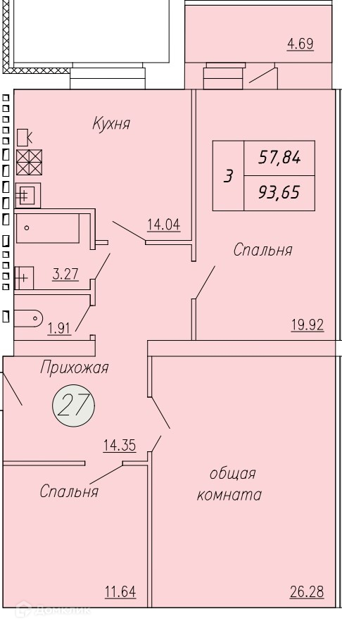 Планировка 3-комн. в ЖК «Дом по ул. Индустриальной, 35»