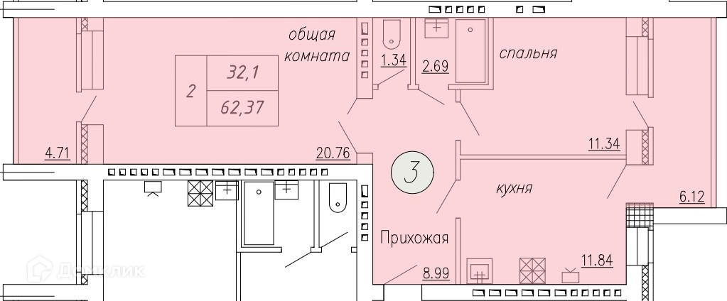 Планировка 2-комн. в ЖК «Дом по ул. Индустриальной, 35»