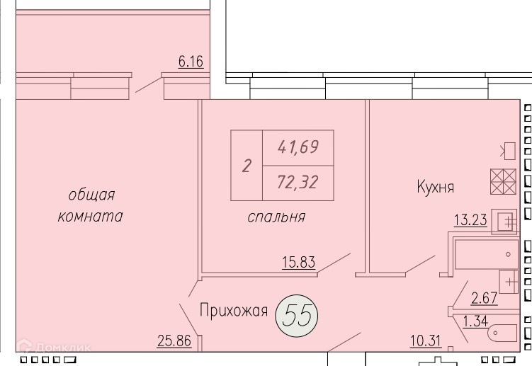 Планировка 2-комн. в ЖК «Дом по ул. Индустриальной, 35»