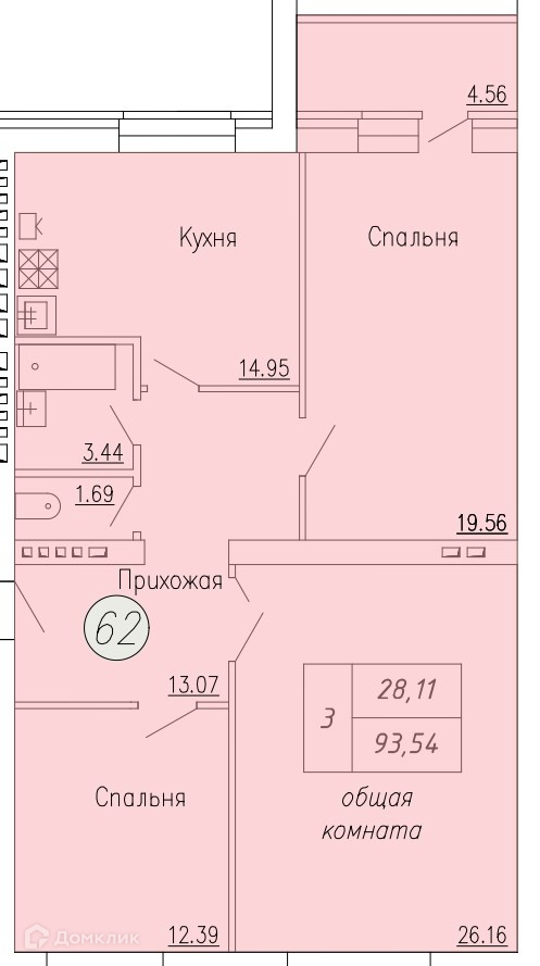 Планировка 3-комн. в ЖК «Дом по ул. Индустриальной, 35»