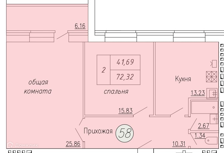 Планировка 2-комн. в ЖК «Дом по ул. Индустриальной, 35»
