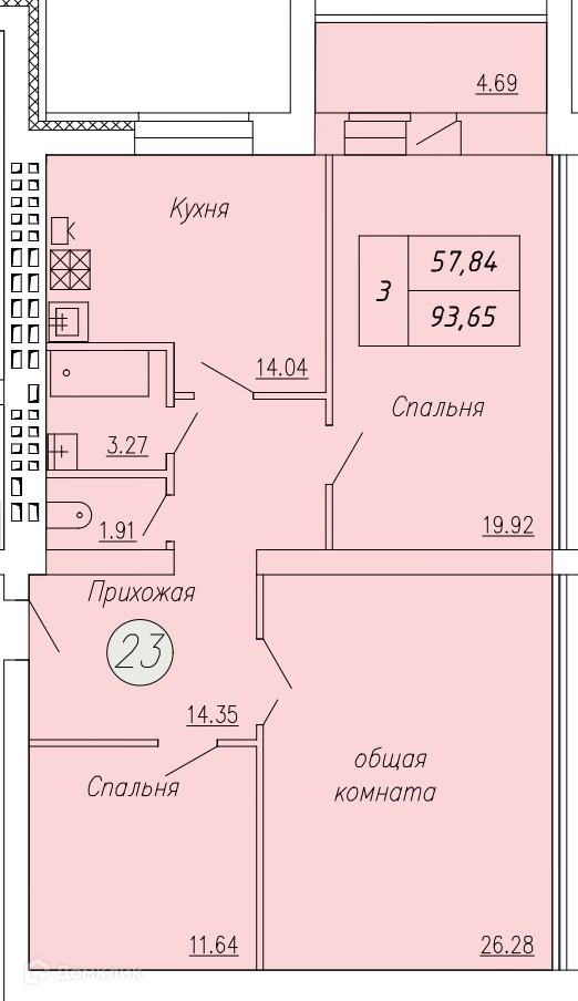 Планировка 3-комн. в ЖК «Дом по ул. Индустриальной, 35»