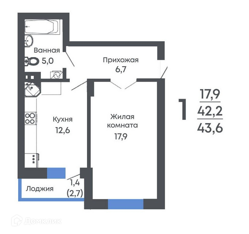 Планировка 1-комн. в ЖК «Рамонь парк»