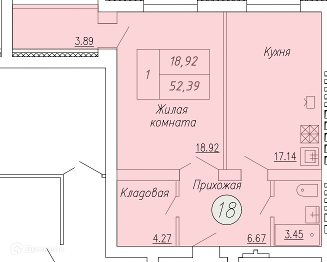 Планировка 1-комн. в ЖК «Дом по ул. Индустриальной, 35»