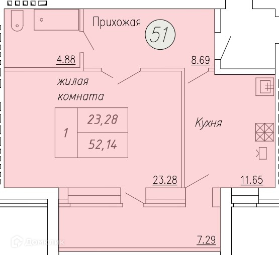 Планировка 1-комн. в ЖК «Дом по ул. Индустриальной, 35»