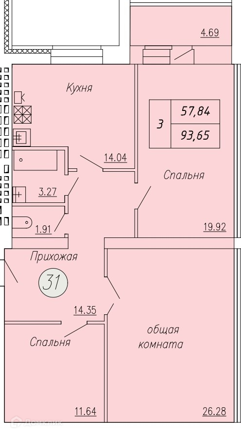 Планировка 3-комн. в ЖК «Дом по ул. Индустриальной, 35»