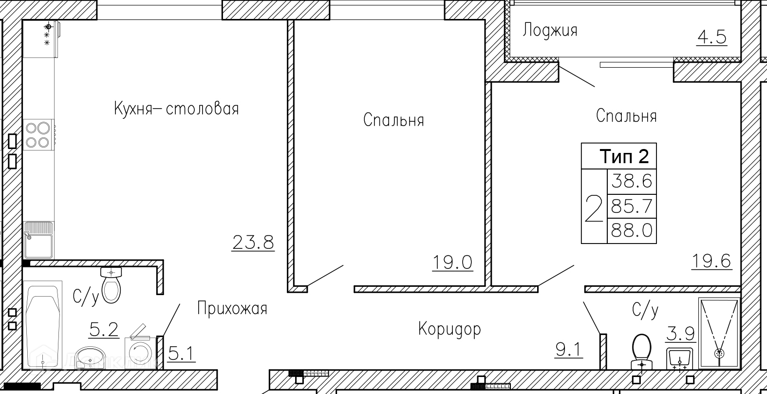 Планировка 2-комн. в ЖК «Коттеджный посёлок «Дон»»