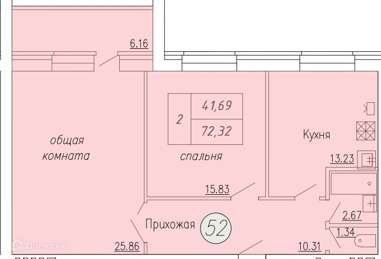 Планировка 2-комн. в ЖК «Дом по ул. Индустриальной, 35»