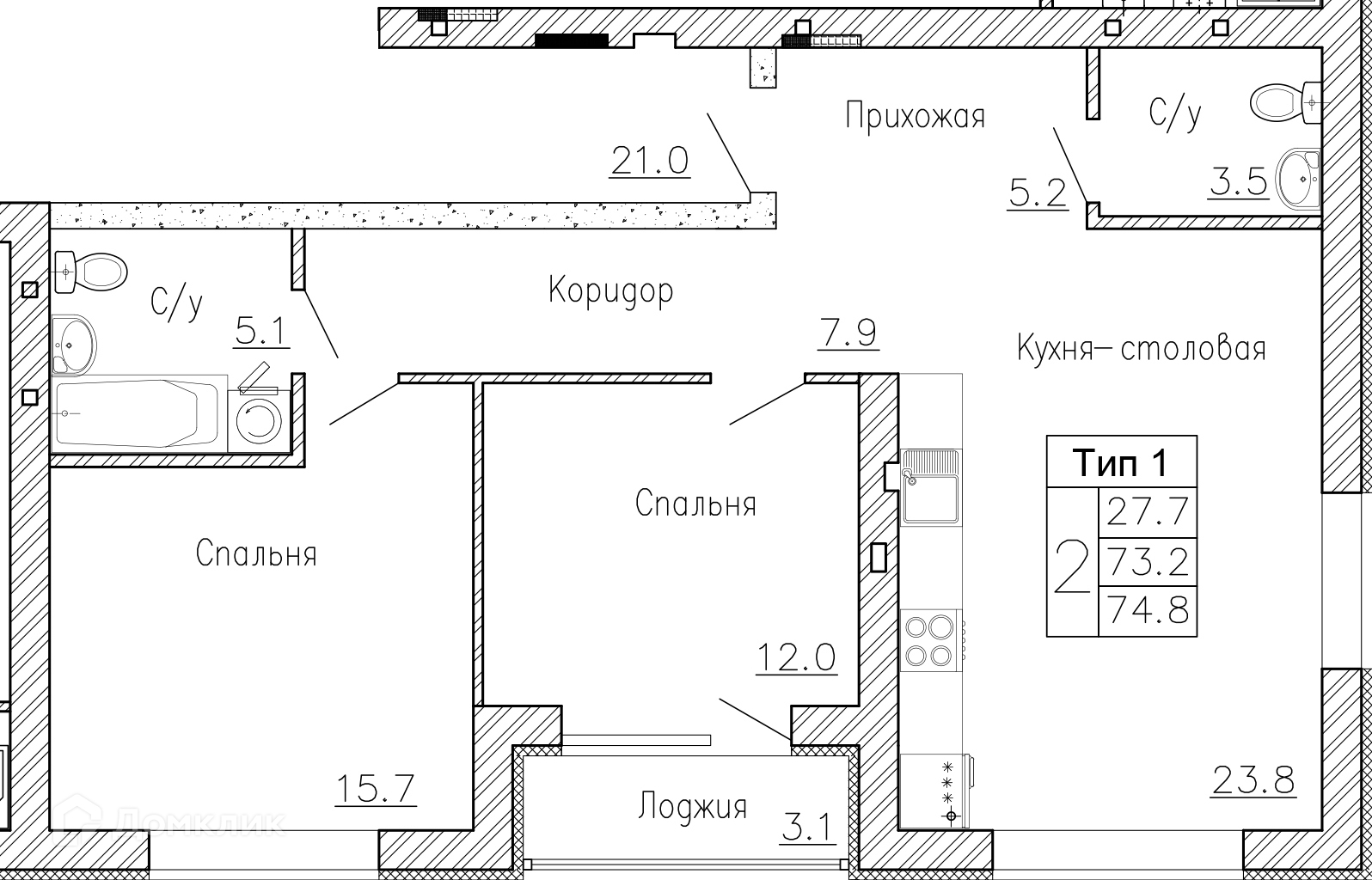 Планировка 2-комн. в ЖК «Коттеджный посёлок «Дон»»