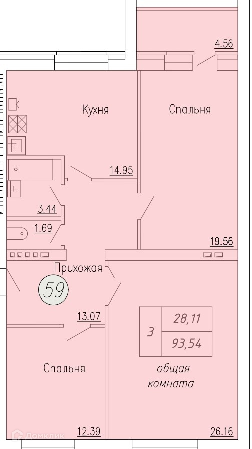 Планировка 3-комн. в ЖК «Дом по ул. Индустриальной, 35»