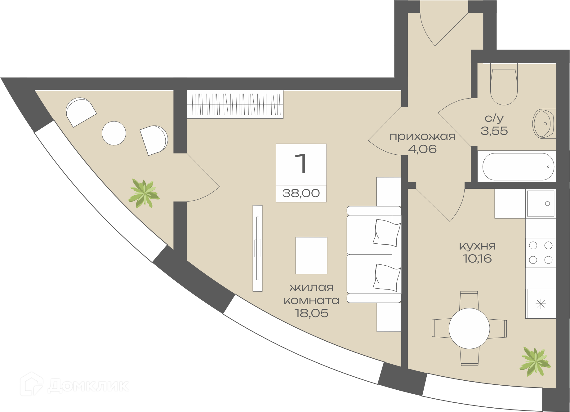 Планировка 1-комн. в ЖК «Четыре Желания»