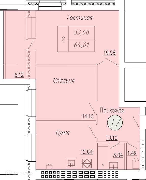Планировка 2-комн. в ЖК «Дом по ул. Индустриальной, 35»