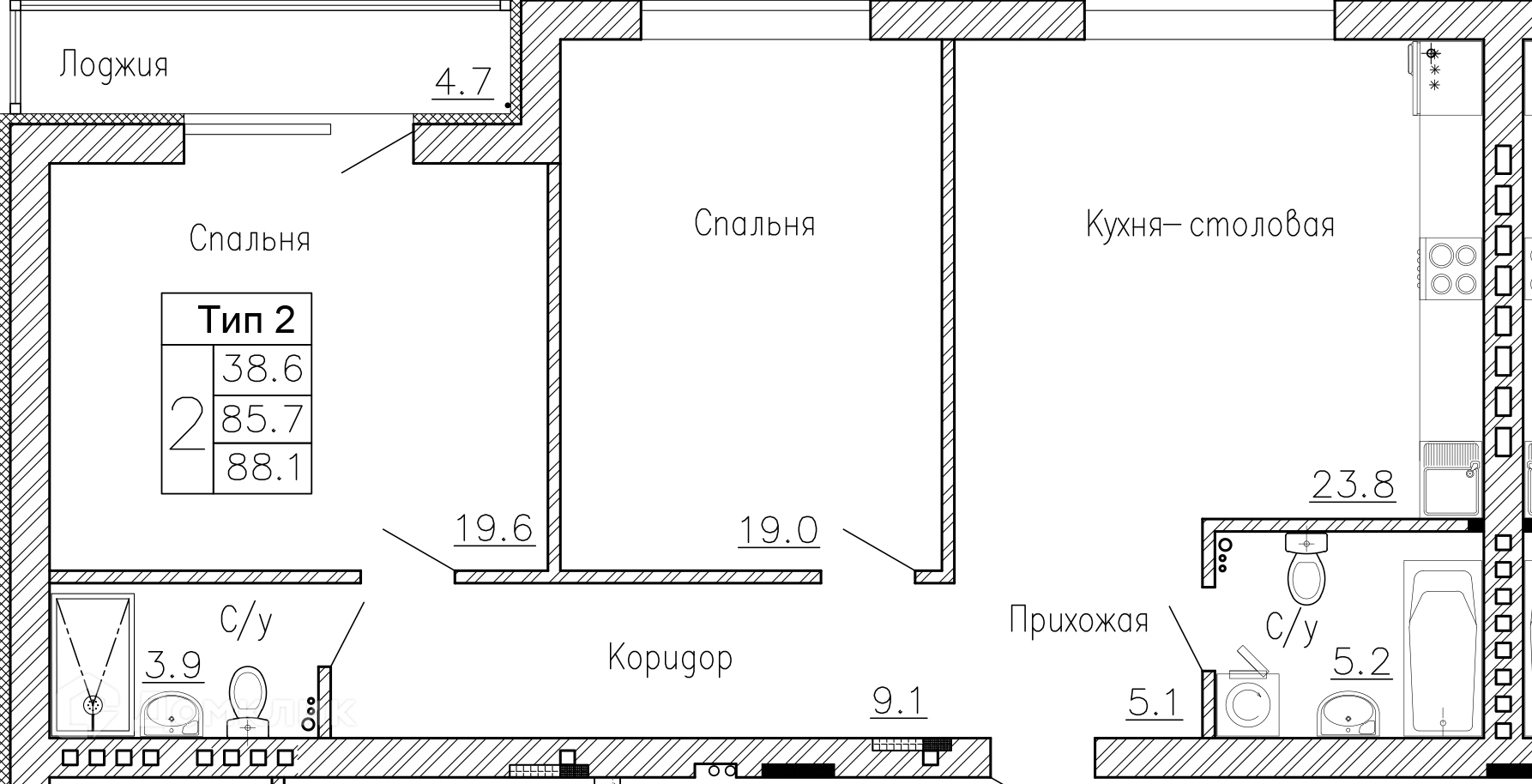 Планировка 2-комн. в ЖК «Коттеджный посёлок «Дон»»