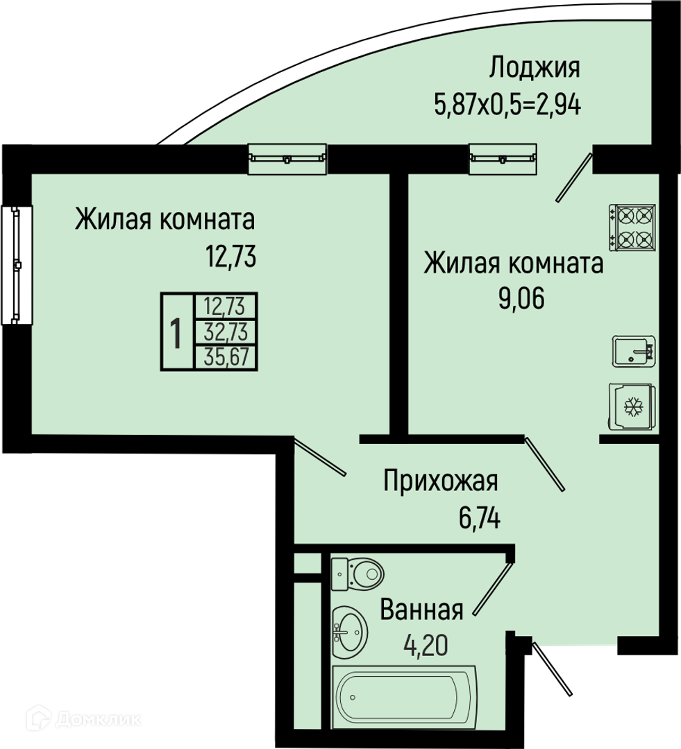 Планировка 1-комн. в ЖК «Sun Hills Olginka»