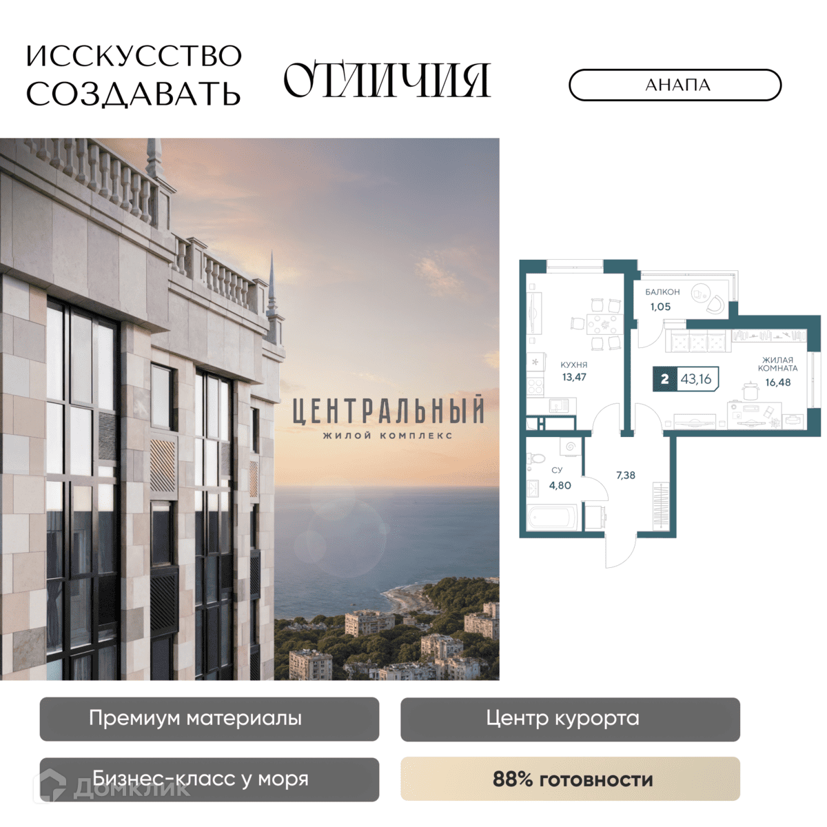 Планировка 2-комн. в ЖК «Центральный»