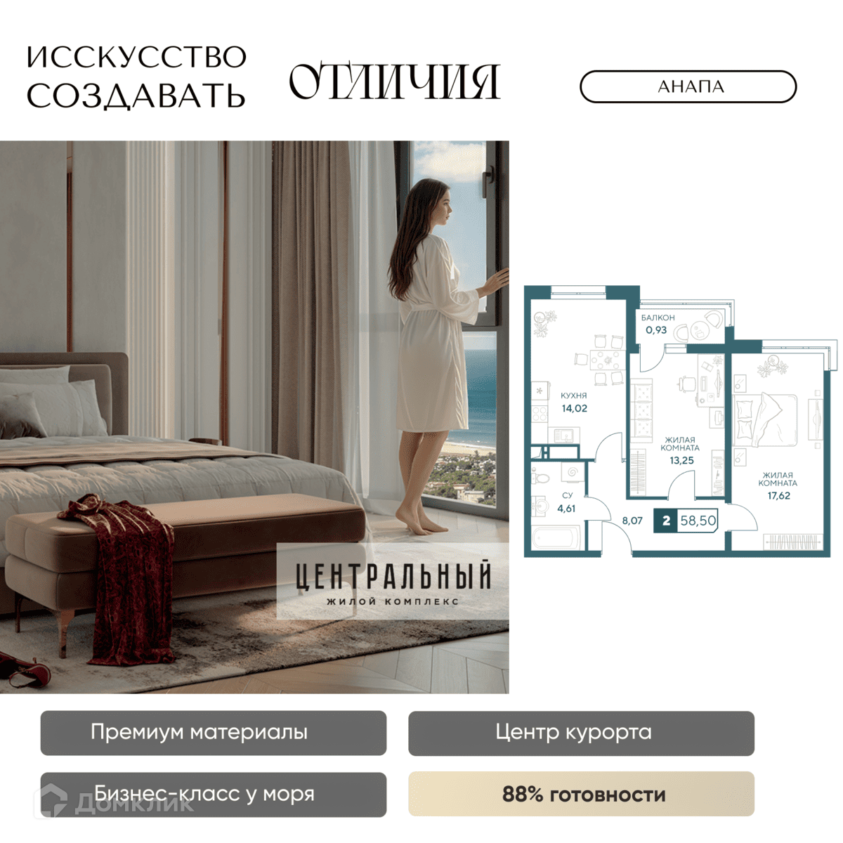 Планировка 2-комн. в ЖК «Центральный»