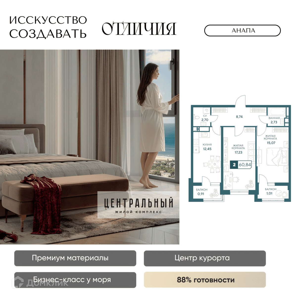 Планировка 2-комн. в ЖК «Центральный»