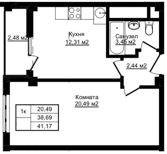 Планировка 1-комн. в ЖК «Южный Парк»