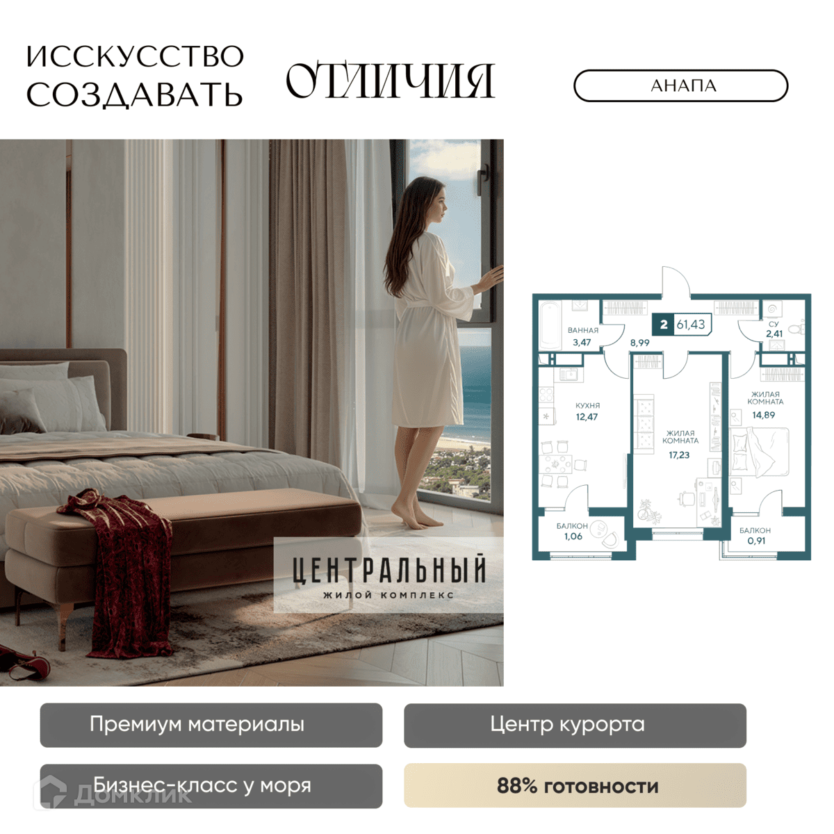 Планировка 2-комн. в ЖК «Центральный»