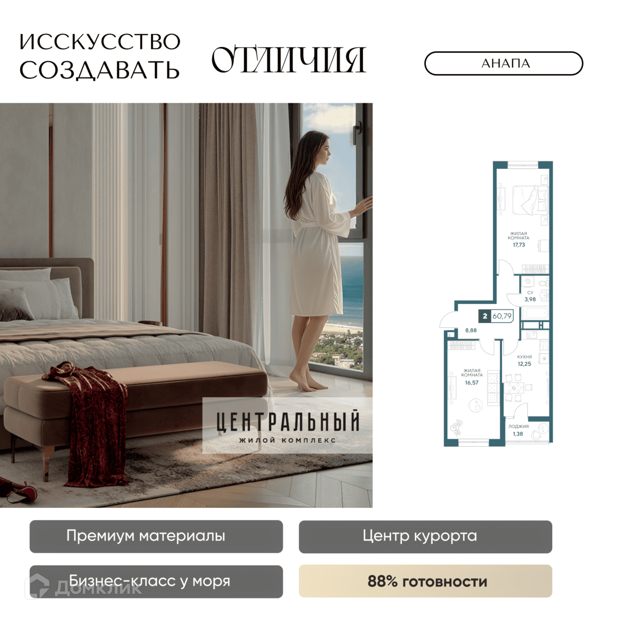 Планировка 2-комн. в ЖК «Центральный»