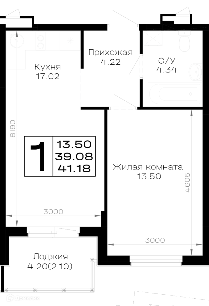Планировка 1-комн. в ЖК «Усадьба Гостагаевская»