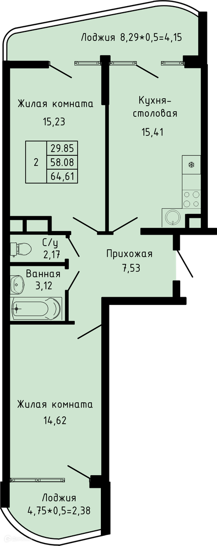 Планировка 2-комн. в ЖК «Sun Hills Olginka»