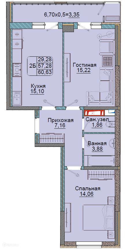 Планировка 2-комн. в ЖК «Репина-Парк»